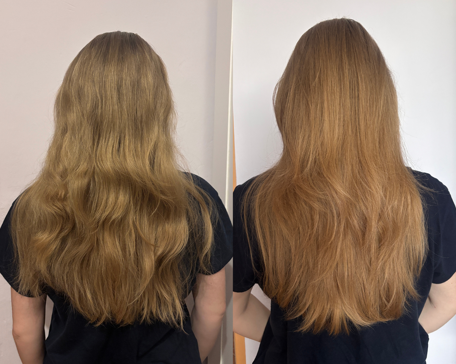 Výsledky před a po použití kompletního rituálu HairTry Molecular Bond Repair na vlastních vlasech