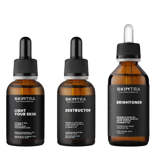 SkinTra - Sada „Očištění a rozjasnění“ - Brightoner - Kyselinové tonikum - 100 ml + Destructor - Kyselinový peeling - 30 ml + Light Your Skin - Sérum s vitamínem C - 30 ml
