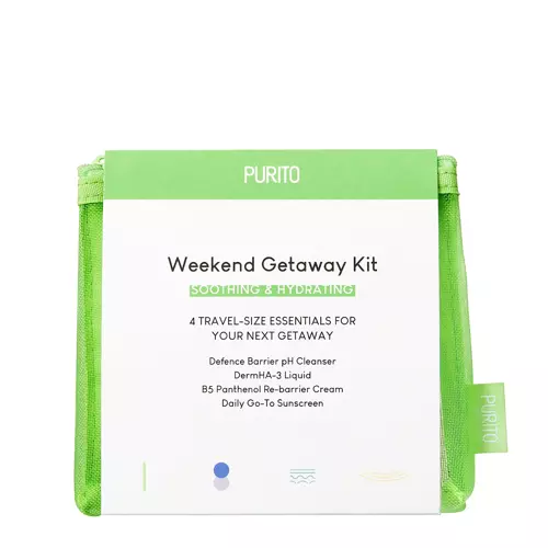Purito - Weekend Getaway Kit - Sada produktů v cestovním balení s kosmetickou taštičkou - Čisticí gel - 30 ml + Hydratační sérum - 20 ml + Krém s panthenolem - 15 ml + SPF krém - 15 ml