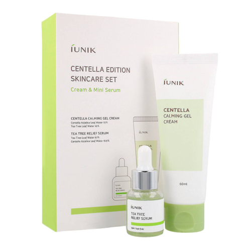 iUNIK - Centella Edition Skincare Set - Kosmetická sada - zklidňující gel-krém s pupečníkem asijským 60 ml + sérum pro problematickou pleť s vodou z listů čajovníku 15 ml