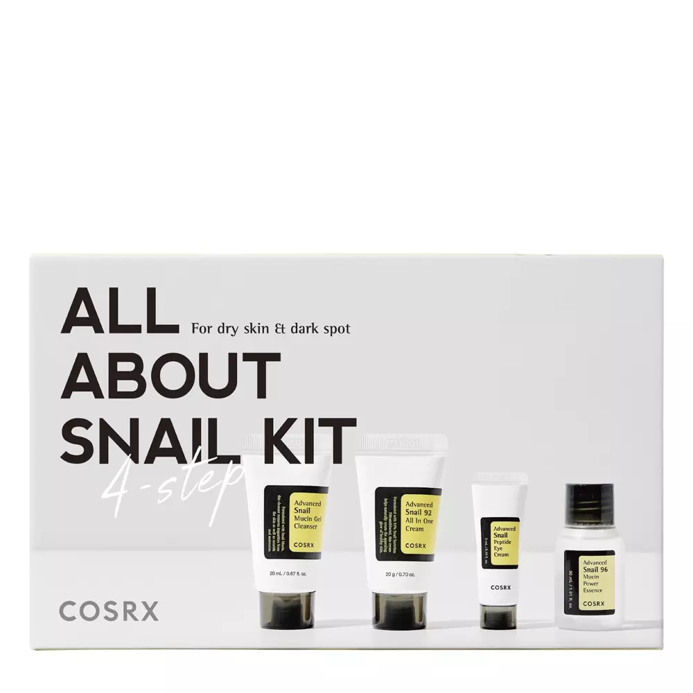 COSRX - All About Snail Kit 4-Step - Pečující sada se šnečím slizem - Jemný mycí gel - 20 ml + Hydratační esence - 30 ml + Oční krém - 5 ml + Multifunkční krém - 20 g