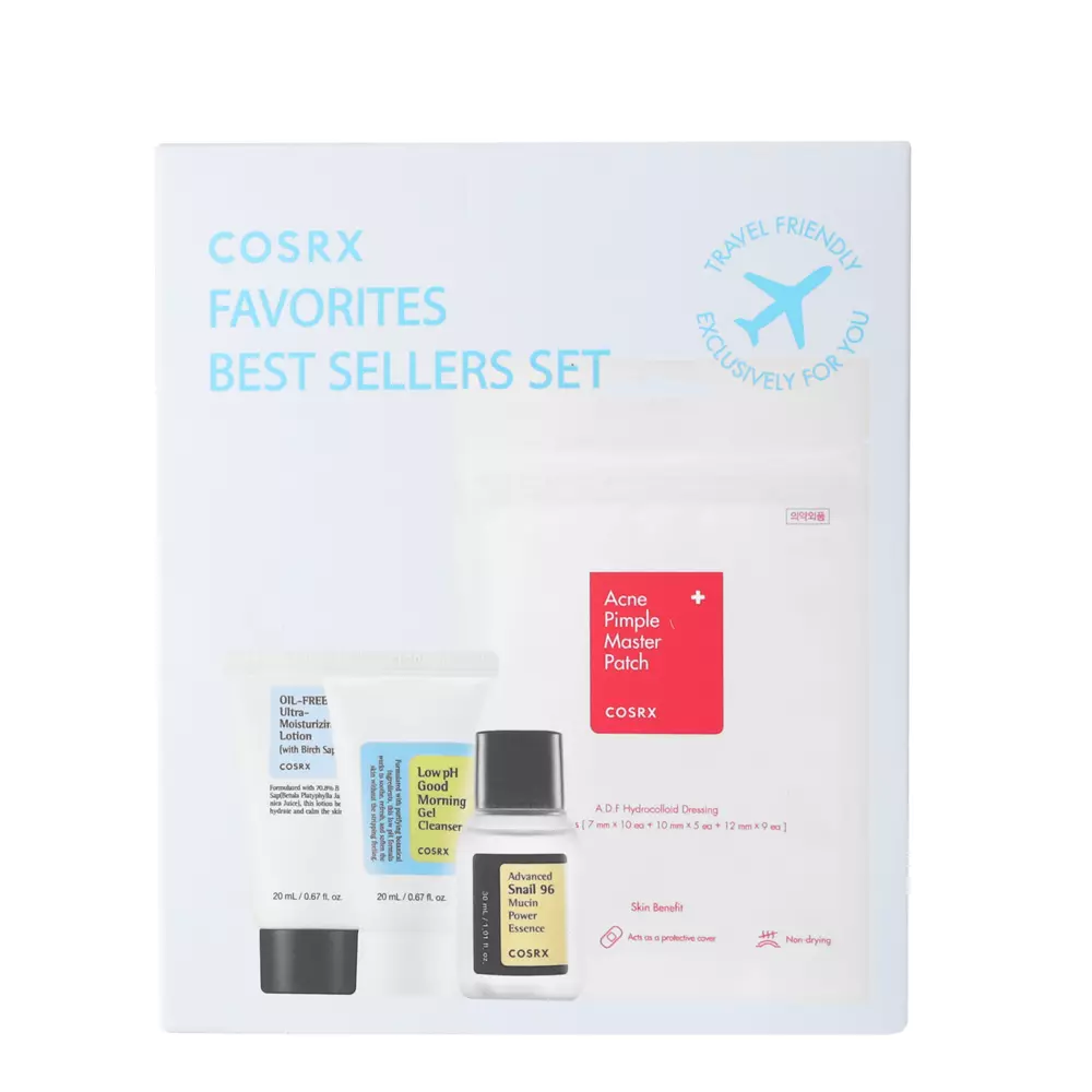COSRX - Favorites Best Sellers Set - Sada bestsellerů v cestovním balení - Mycí gel - 20 ml + Esence se šnečím slizem - 20 ml + Pleťový balzám bez obsahu oleje - 20 ml + Náplasti na nedokonalosti - 24 ks