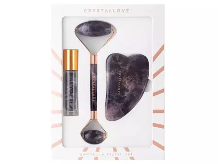 Crystallove - Amethyst Beauty Set - Sada na obličej: masážní roller + kámen Gua Sha + lahvička na olej 