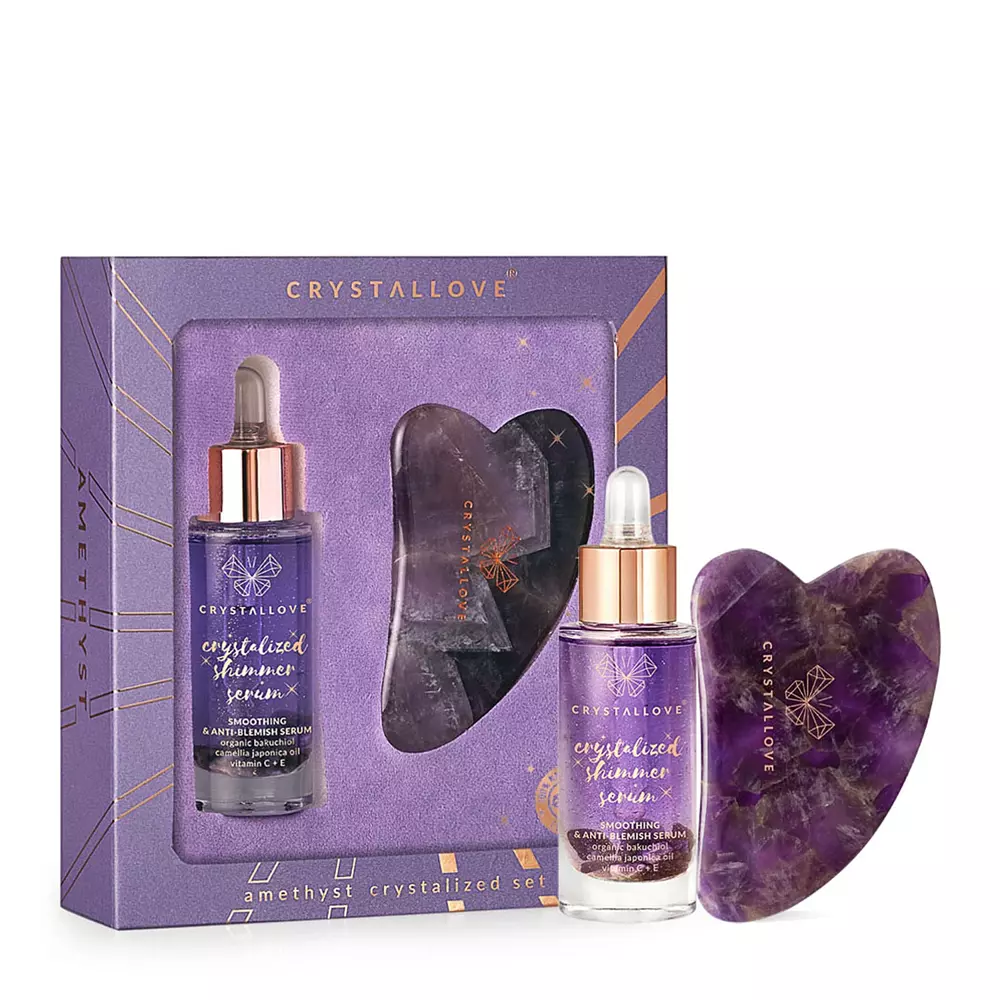 Crystallove - Amethyst Crystalized Set - Pleťové sérum s ametystem a bakuchiolem - 30 ml + Kámen Gua Sha