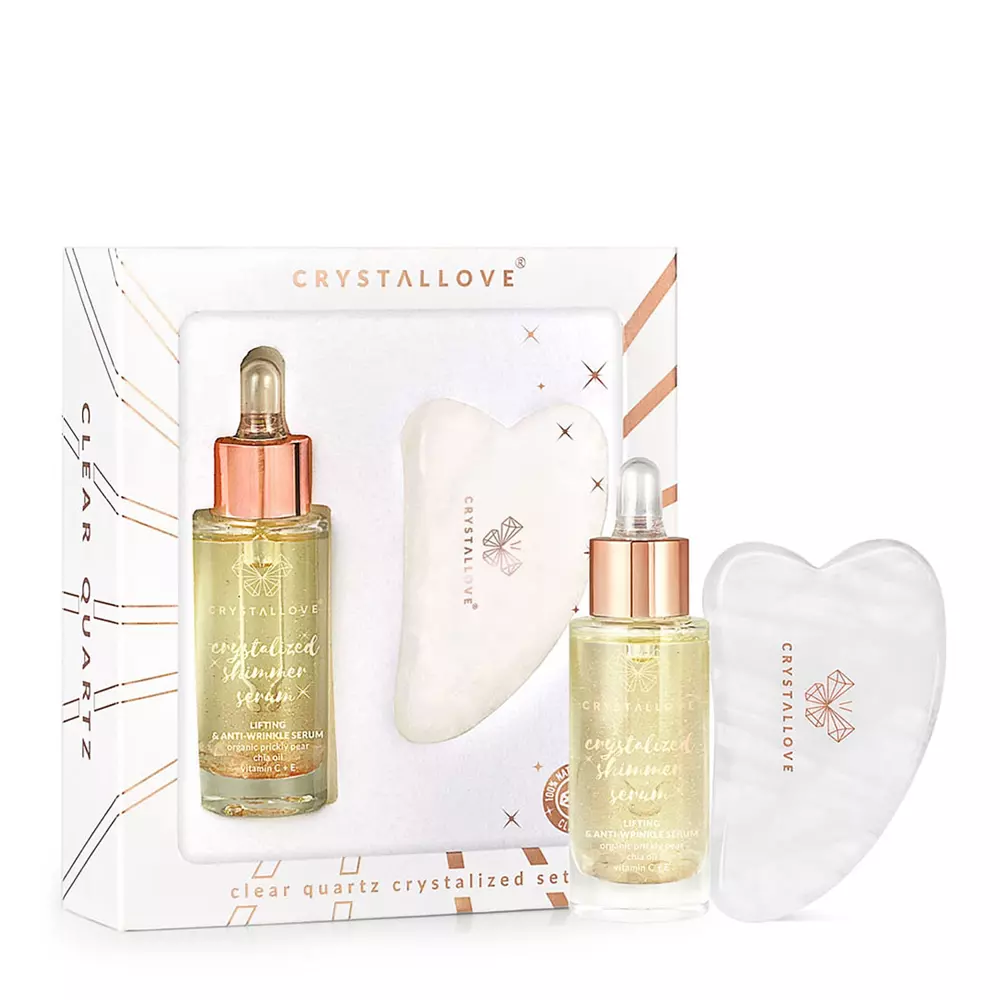 Crystallove - Clear Quartz Crystalized Set - Pleťové sérum s čirým křemenem a opuncií - 30 ml + Kámen Gua Sha