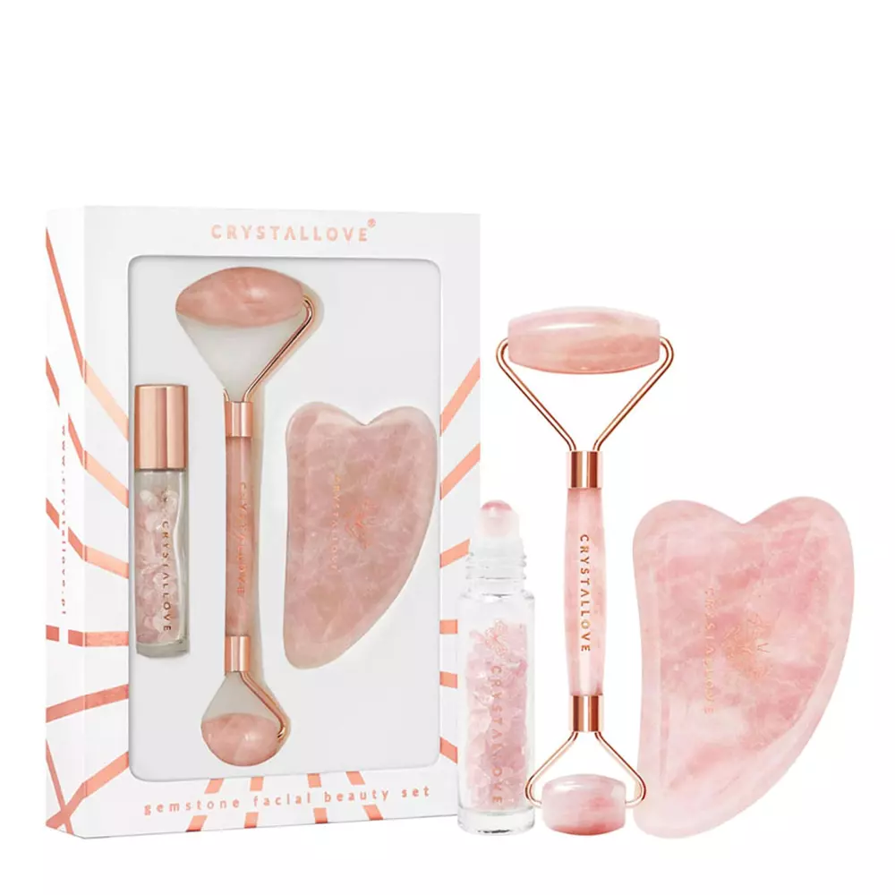 Crystallove - Rose Quartz Beauty Set - Sada na obličej: masážní roller + kámen Gua Sha + lahvička na olej