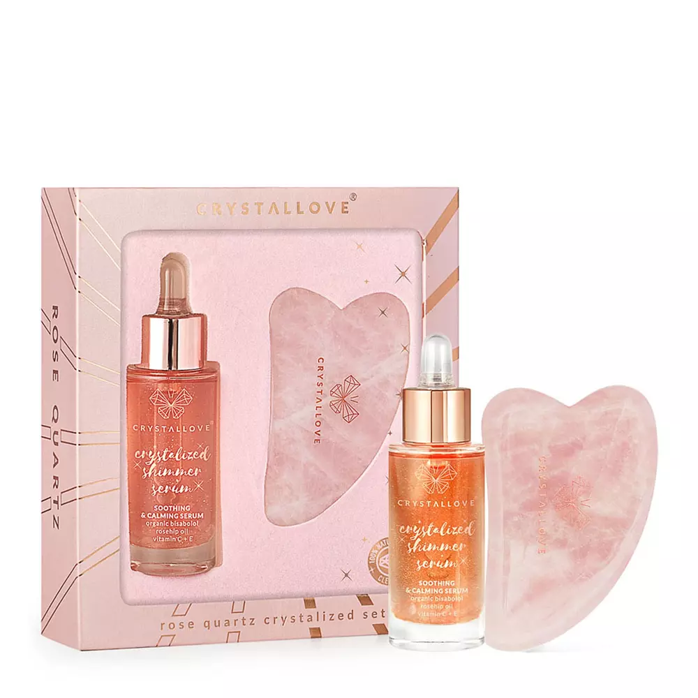 Crystallove - Rose Quartz Crystalized Set - Pleťové sérum s růžovým křemenem a bisabololem - 30 ml + Kámen Gua Sha