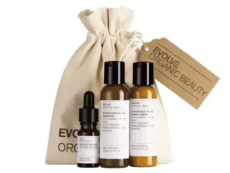 Evolve Organic Beauty - Haircare Essentials - Pečující sada na vlasy - Šampon - 50 ml + Kondicionér - 50 ml + Vlasové sérum - 10 ml