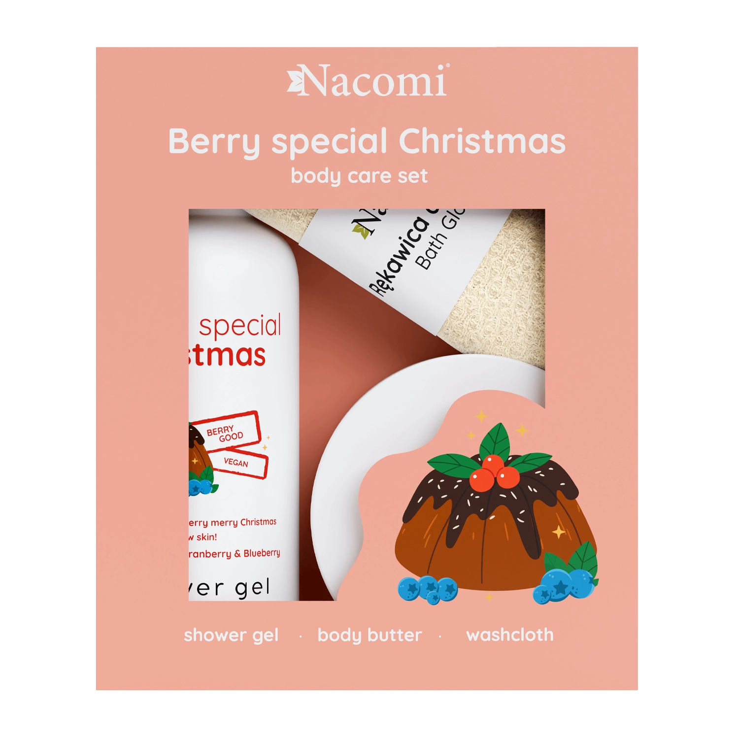 Nacomi - Berry Special Christmas - Vánoční sada - Sprchový gel 300 ml - Krémové tělové máslo 100 ml - Koupelová rukavice