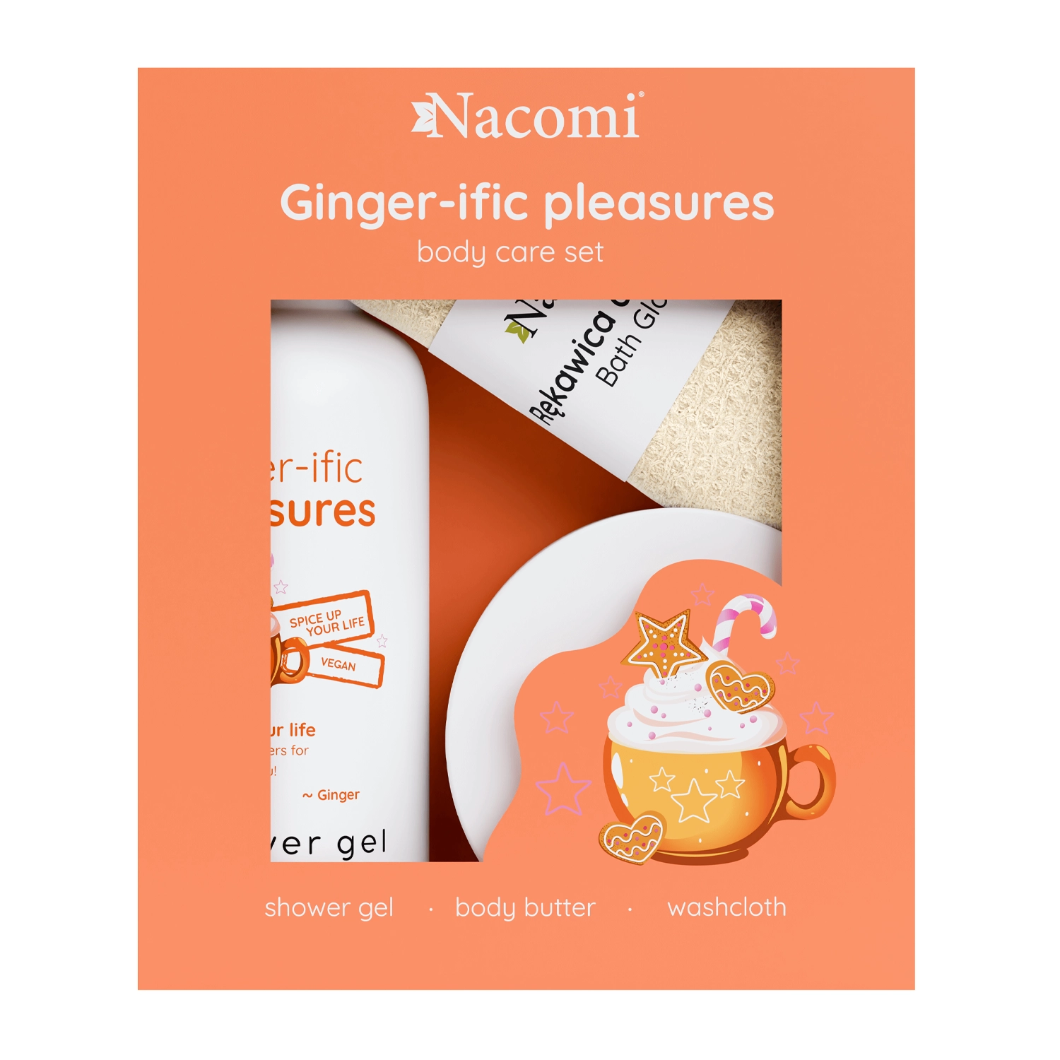 Nacomi - Ginger-ific Pleasures - Vánoční sada - Sprchový gel 300 ml - Krémové tělové máslo 100 ml - Koupelová rukavice