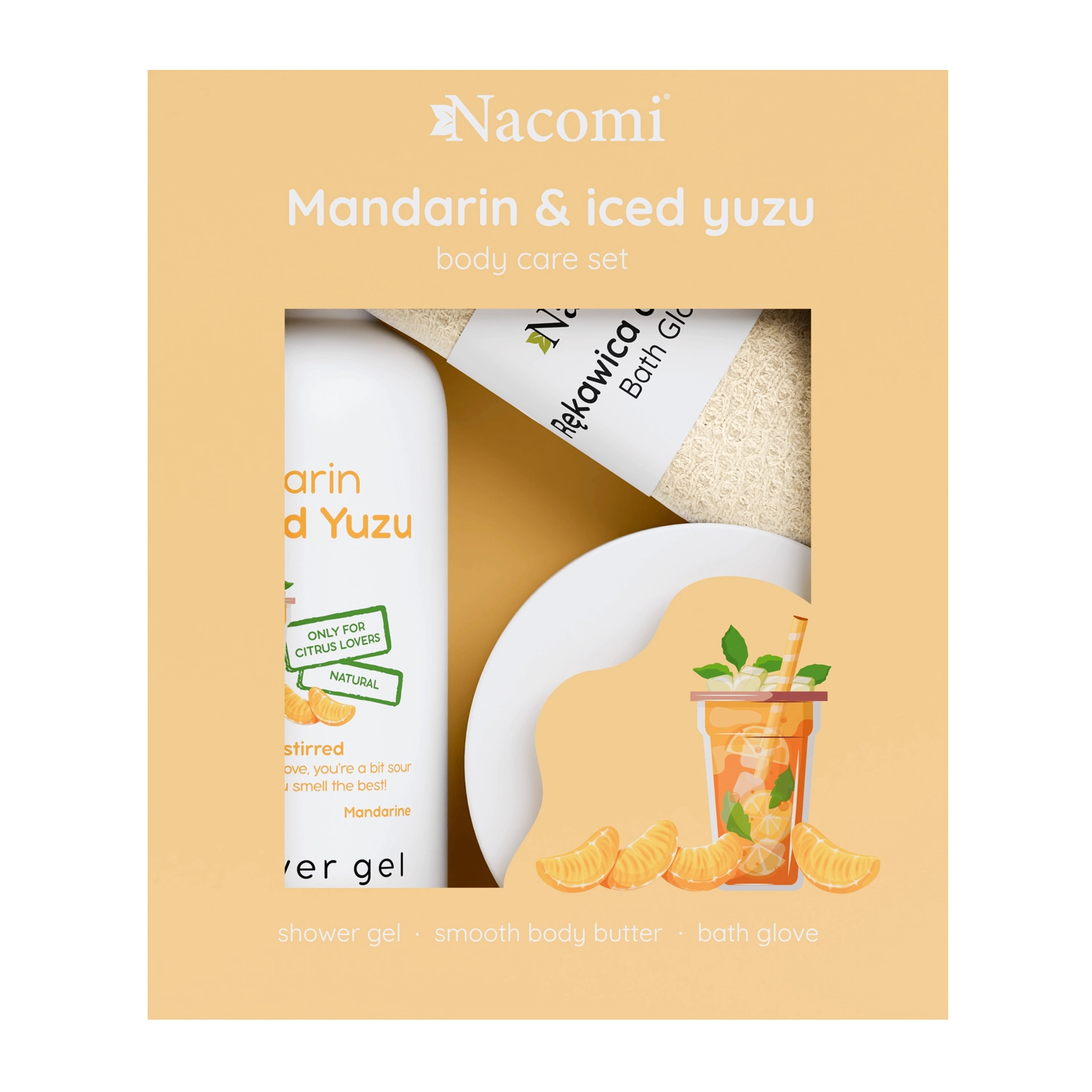 Nacomi - Mandarin & Iced Yuzu - Vánoční sada - Sprchový gel 300 ml - Krémové tělové máslo 100 ml - Koupelová rukavice