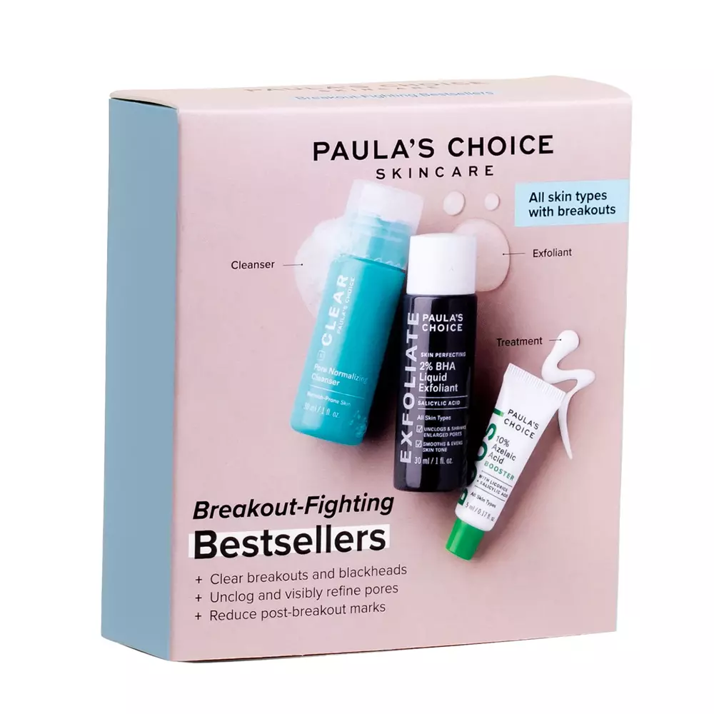 Paula's Choice - Breakout - Fighting Bestsellers - Sada bestsellerů proti pupínkům a nedokonalostem - Sérum s 10% kyselinou azelaovou - 5 ml + Osvěžující čisticí gel - 30 ml + Exfoliační roztok s 2% kyselinou salicylovou - 30 ml