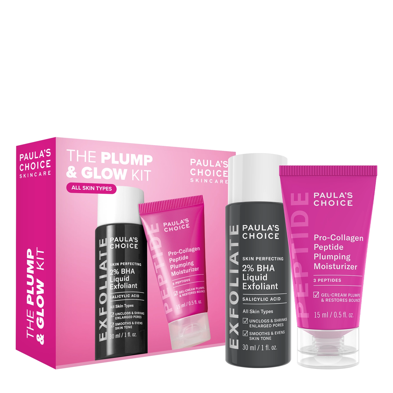 Paula's Choice - The Plump & Glow Kit - Sada pro vyplnění a rozzáření pleti - Peptidový krém 15 ml + Kyselinový peeling 30 ml