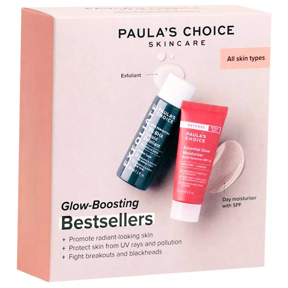 Paula's Choice - Trial Kit Glow - Boosting Bestsellers - Sada exfoliačních a rozjasňujících produktů - Skin Perfecting - 2% BHA Liquid Exfoliant - 30 ml + Defense - Essential Glow Moisturiser SPF30 - 15 ml