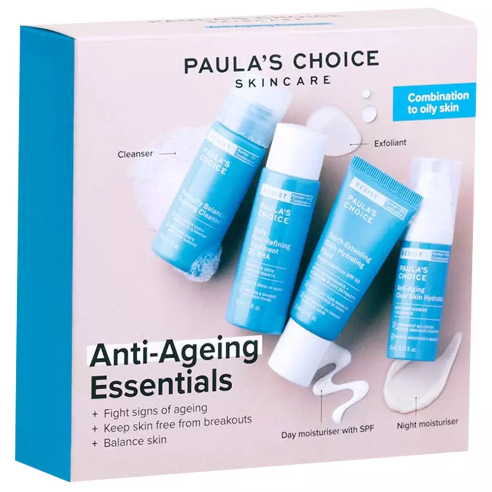 Paula's Choice - Trial Kits Anti-Aging Essentials Combination to Oily Skin - Sada proti vráskám pro problematickou pleť - Mycí gel - 30 ml + SPF emulze - 15 ml + Kyselinová kúra - 30 ml + Hydratační noční krém - 10 ml