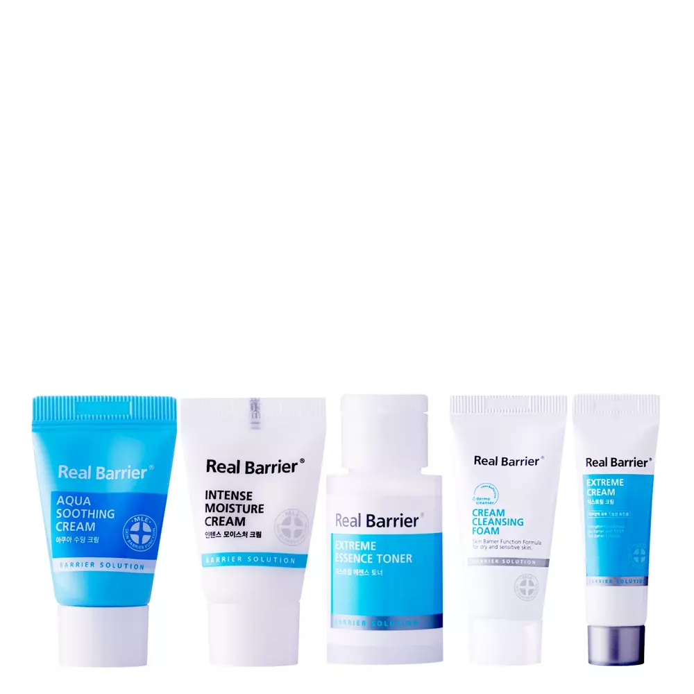 Real Barrier - Trial Kit - Sada miniatur - Cleansing Foam - 15 ml + Extreme Essence Toner - 30 ml + Extreme Cream - 10 ml + Intense Moisture Cream - 10 ml + Aqua Soothing Cream - 10 ml + Intense Moisture Toner Pad - 6 ml