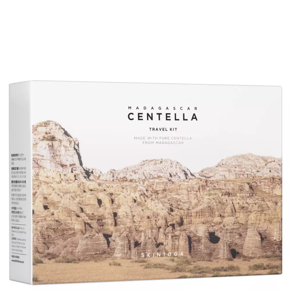 SKIN1004 - Madagascar Centella Travel Kit - Cestovní sada kosmetiky s pupečníkem asijským - Mycí pěna - 20 ml + Tonikum - 30 ml + Ampule - 30 ml + Krém - 30 ml + Čisticí olej - 30 ml