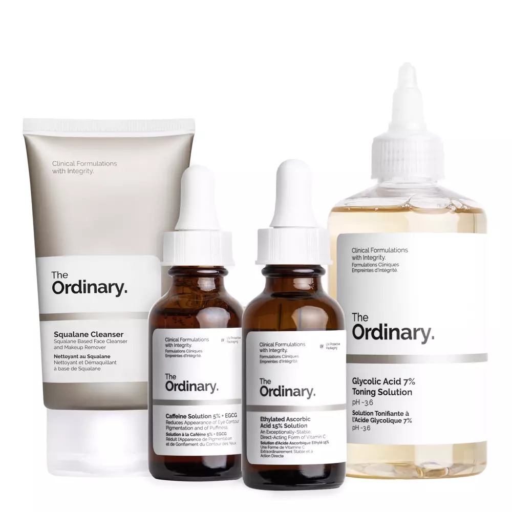 The Ordinary - The Bright Set - Rozjasňující sada proti pigmentovým skvrnám - Čisticí emulze - 50 ml + Oční sérum - 30 ml + Sérum s vitamínem C - 30 ml + Tonikum s kyselinou glykolovou - 240 ml