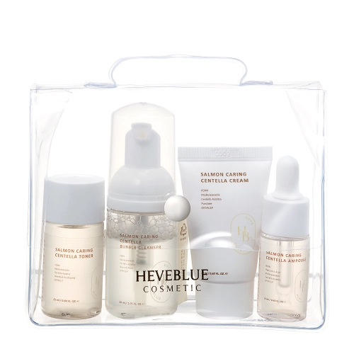 HEVEBLUE - Salmon Caring Centella Special Travel Kit Bag - Mini sada - Čistící pěna 30ml + Tonikum 25ml + Sérum 13ml + Krém 20ml