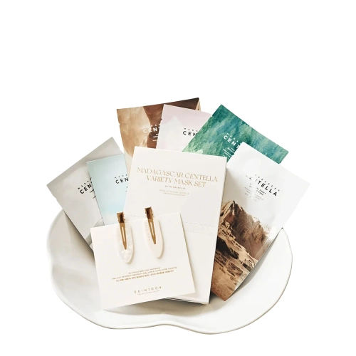 SKIN1004 - Madagascar Centella Variety Mask Set - Sada 6 masek v plátýnku a sponky do vlasů - Čistící maska  23ml + Rozjasňující maska 25ml + Vyživující maska 22ml + Hydratační maska 23ml + Relaxační maska 24ml + Hydrogelová maska 25ml