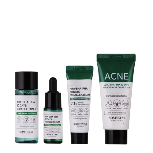 Some By Mi - AHA BHA PHA 30 Days Miracle AC SOS Kit - Pečující sada s AHA, BHA a PHA kyselinami - Mycí pěna - 30 ml + Tonikum - 30 ml + Sérum - 10 ml + Krém - 20 g
