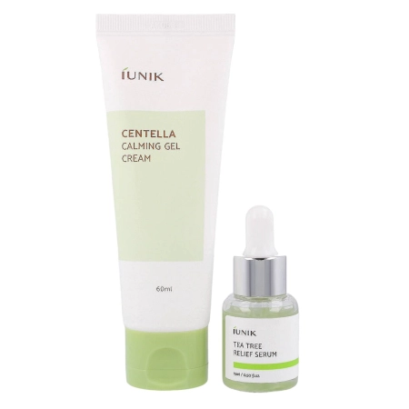 iUNIK - Centella Edition Skincare Set - Kosmetická sada - zklidňující gel-krém s pupečníkem asijským 60 ml + sérum pro problematickou pleť s vodou z listů čajovníku 15 ml