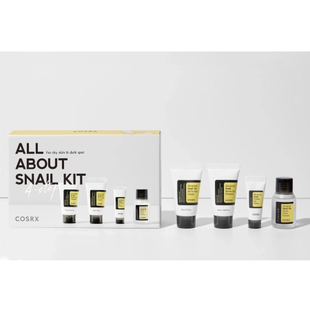 COSRX - All About Snail Kit 4-Step - Pečující sada se šnečím slizem - Jemný mycí gel - 20 ml + Hydratační esence - 30 ml + Oční krém - 5 ml + Multifunkční krém - 20 g