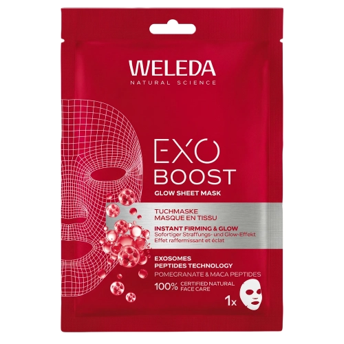 WELEDA - Exo Boost Glow Sheet Mask - Plátýnková maska s granátovým jablkem a maca peptidy - 1 ks/20 ml