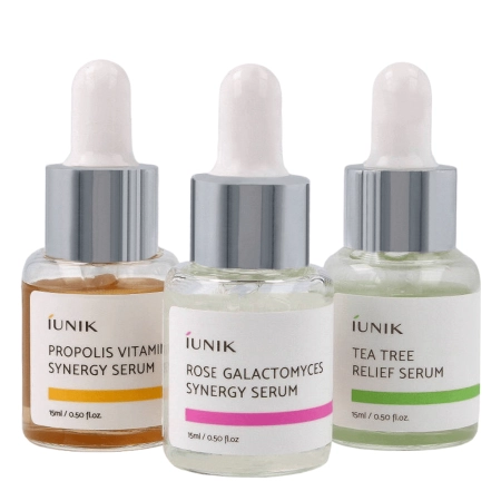 iUNIK - Daily Serum Trial Kit - Sada 3 miniatur - Propolis Vitamin Synergy Serum - 15 ml + Tea Tree Relief Serum - 15 ml + Rose Galactomyces Synergy Serum - 15 ml