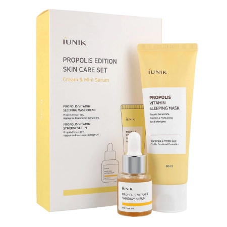 iUNIK - Propolis Edition Skincare Set - Kosmetická sada - noční hydratační maska ​​s propolisem 60 ml a vitamínové sérum s propolisem 15 ml