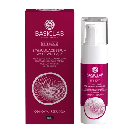 BasicLab - Esteticus - Stimulující vyrovnávací sérum, 0,3% ester kyseliny adapalenové, 5% kolagenový polypeptidový komplex, 0,25% PDRN - 30 ml