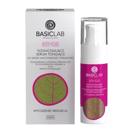 BasicLab - Esteticus - Posilující tonizující sérum pro cévní a citlivou pleť 15% EGF Growth Factor Complex, 1% deriváty vitaminu K, CICA - 30 ml