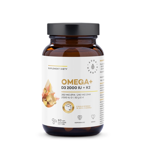 Aura Herbals - Omega+ Vitamin D3 2000 IU + K2 - Kapsle - 60 ks