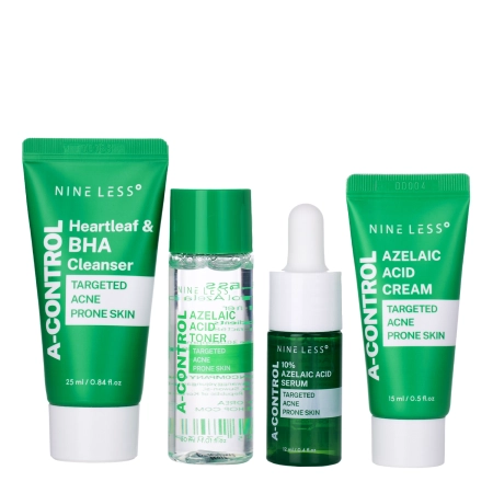 Nine Less - A-Control Mini Kit - Kosmetická sada pro aknózní a citlivou pleť - Čistící gel 25 ml + Tonikum 30 ml + Sérum 12 ml + Krém 15 ml