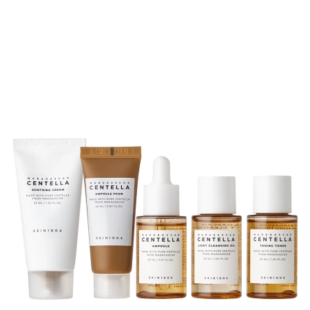 SKIN1004 - Madagascar Centella Travel Kit - Cestovní sada kosmetiky s pupečníkem asijským - Mycí pěna - 20 ml + Tonikum - 30 ml + Ampule - 30 ml + Krém - 30 ml + Čisticí olej - 30 ml
